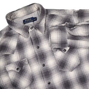 POLO RALPH LAUREN Mens M Grey White Plaid Pearl Snap Button Up Long Sleeve Shirt